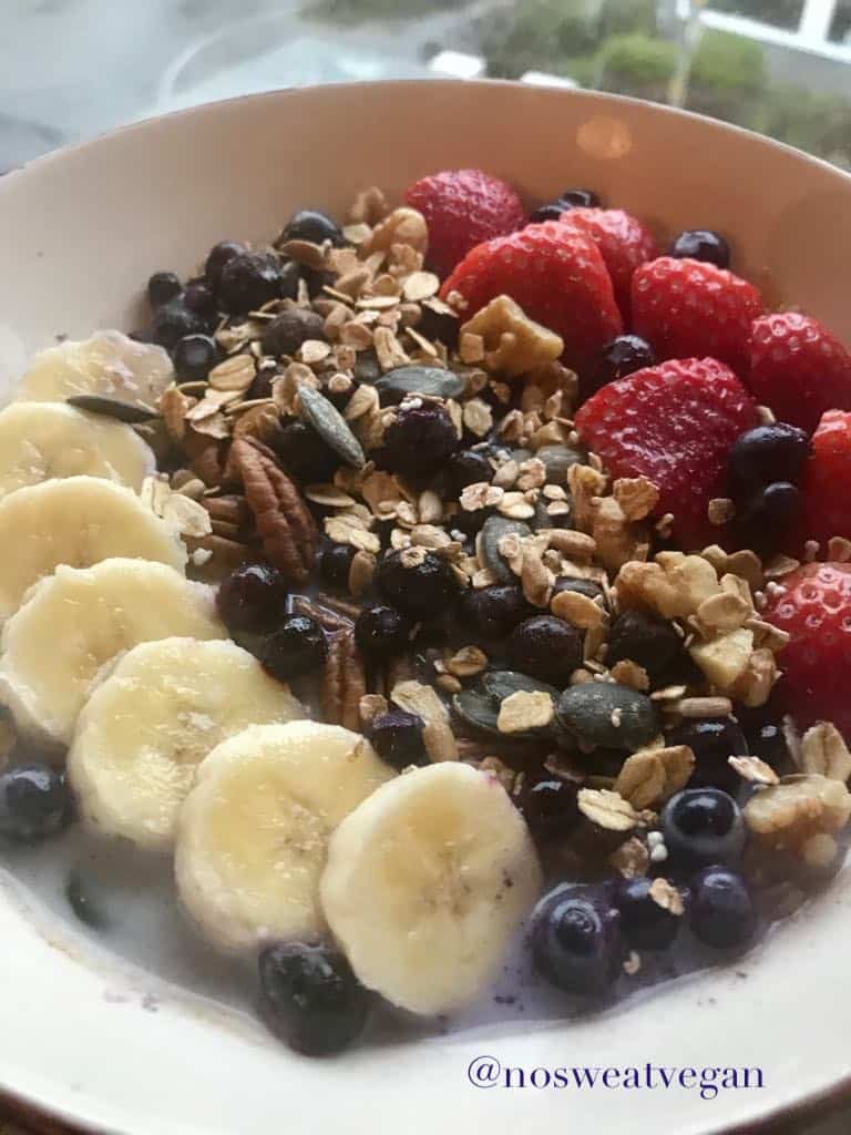 Muesli in a bowl with fruit.