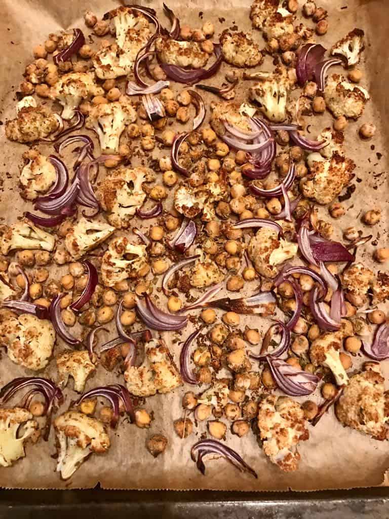 Cauliflower and chickpea sheet pan bake.