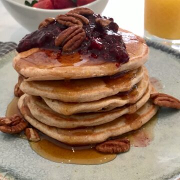 Vegan pancakes in a stack.