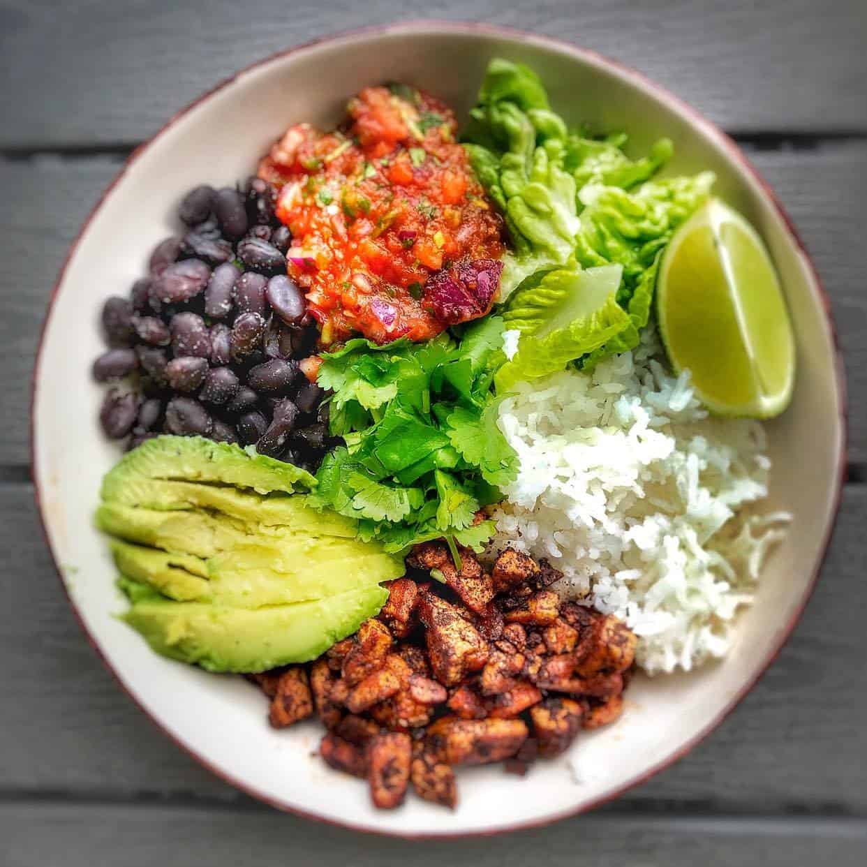 Vegan burrito bowl with easy homemade salsa.