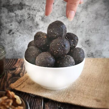 Bowl of vegan no-bake pretzel brownie bites.