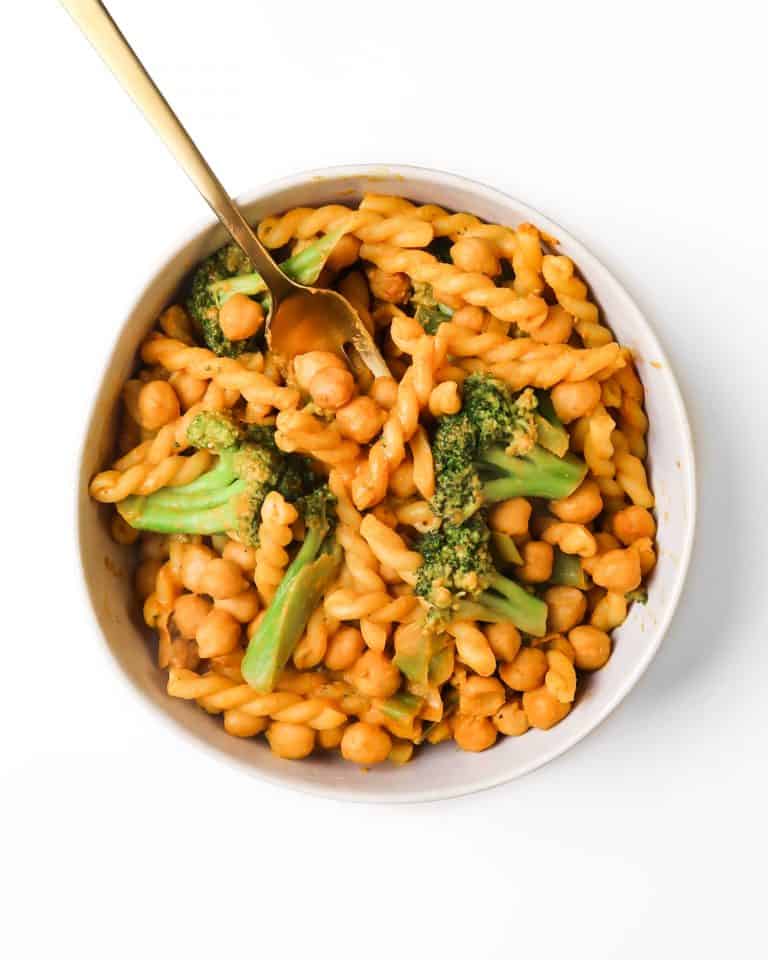 Vegan chickpea pasta in a bowl.