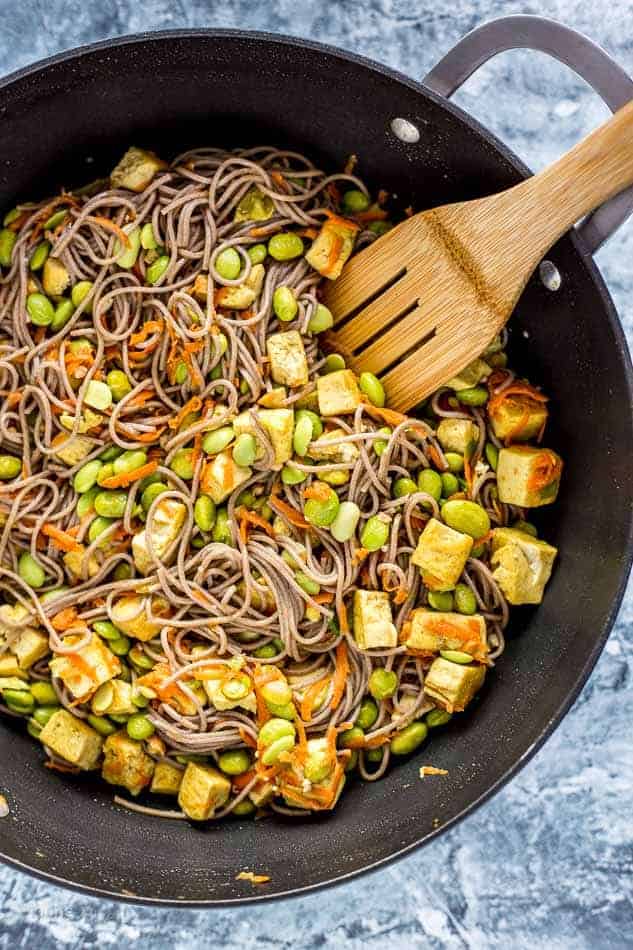 Coconut curry noodles in a skillet.