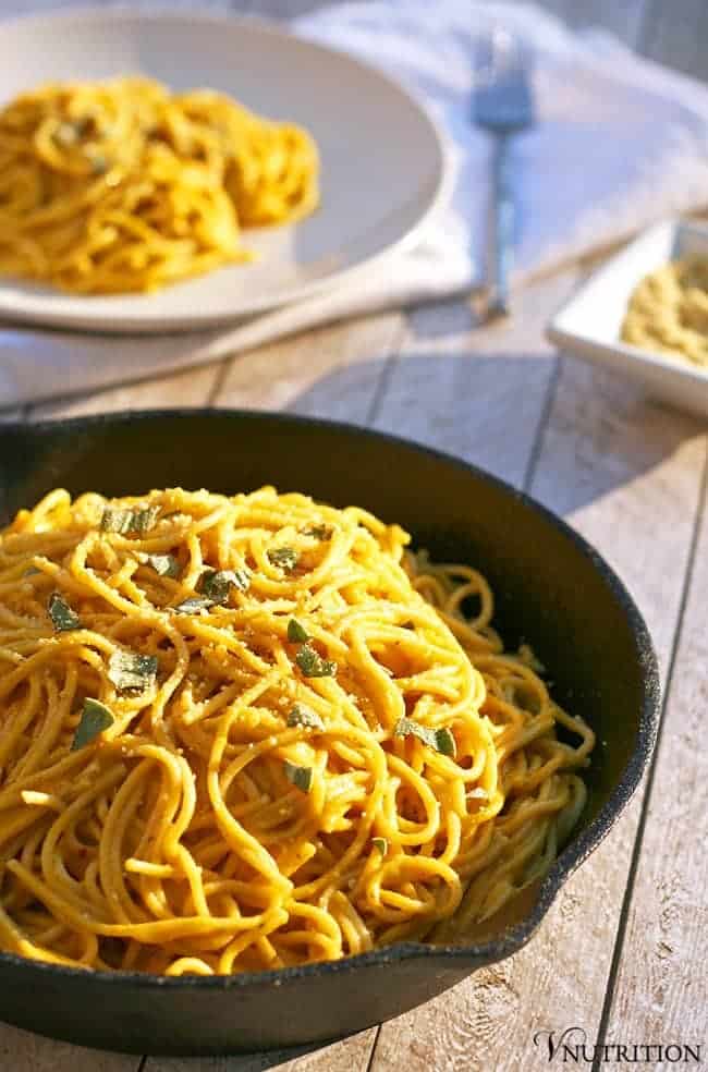 Vegan pumpkin pasta in a bowl.