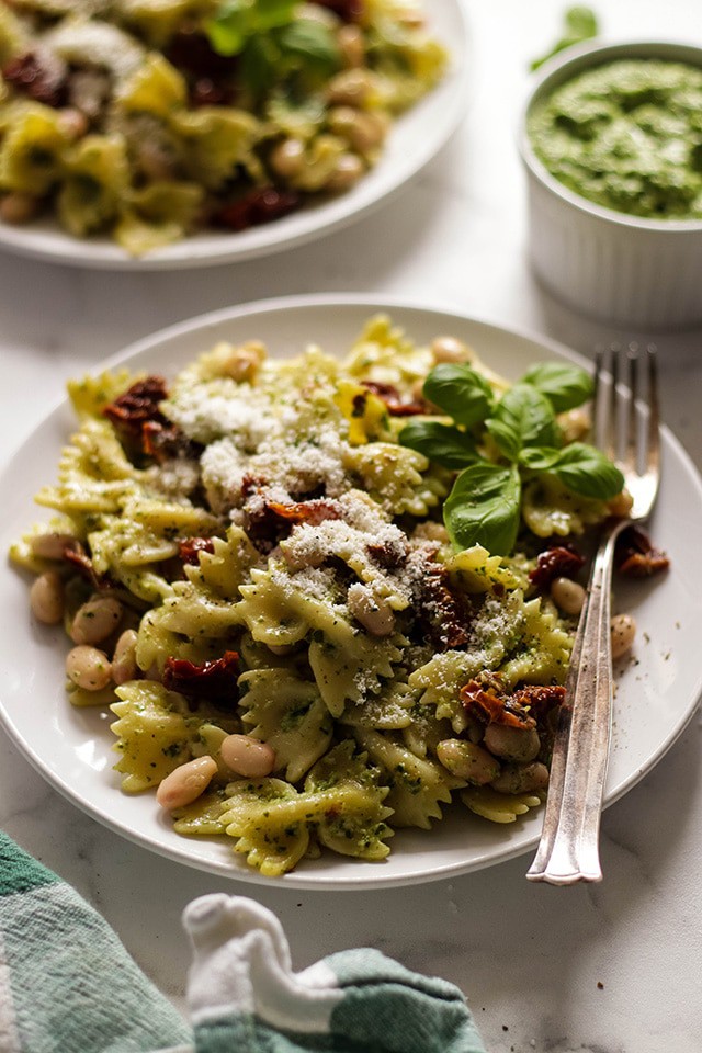 Vegan pesto pasta in a bowl.