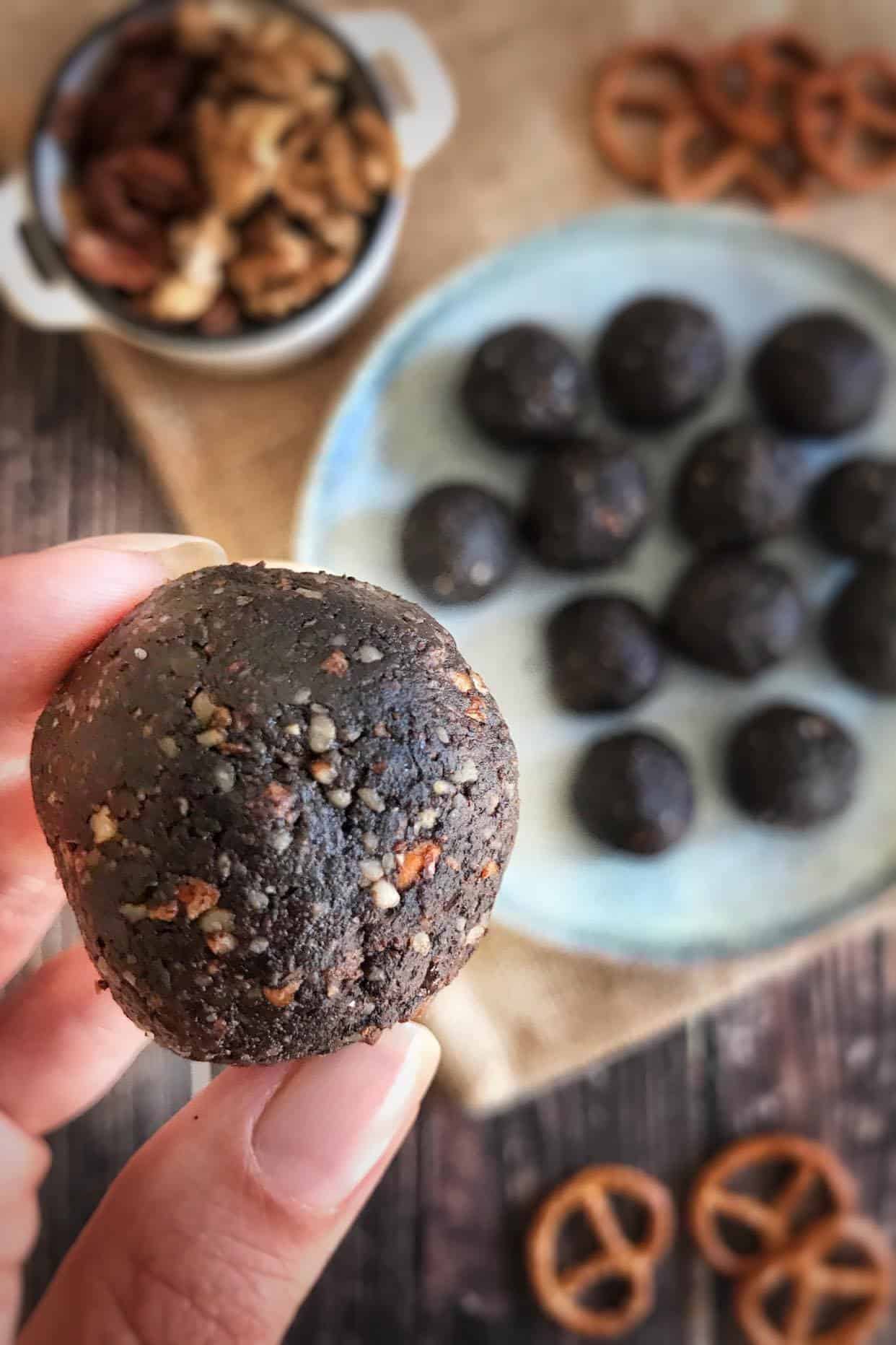 Closeup of a vegan no-bake pretzel brownie bites.