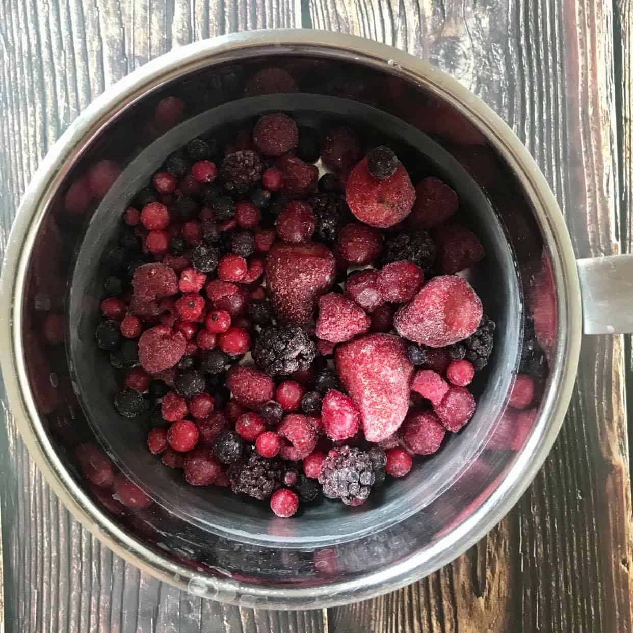 Frozen mixed berries in a pot.