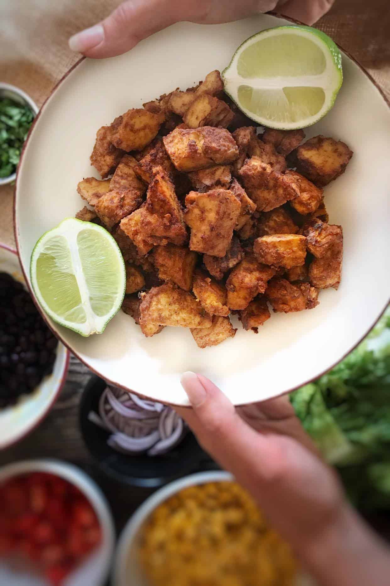 Chili-lime tofu nuggets in a bowl.