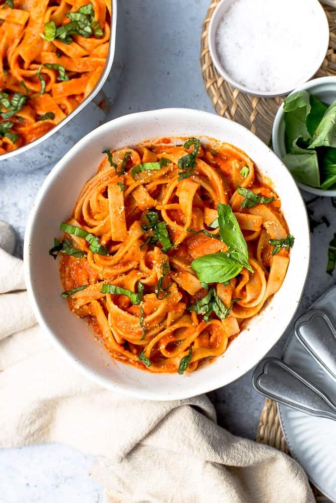 Vegan roasted red pepper pasta.