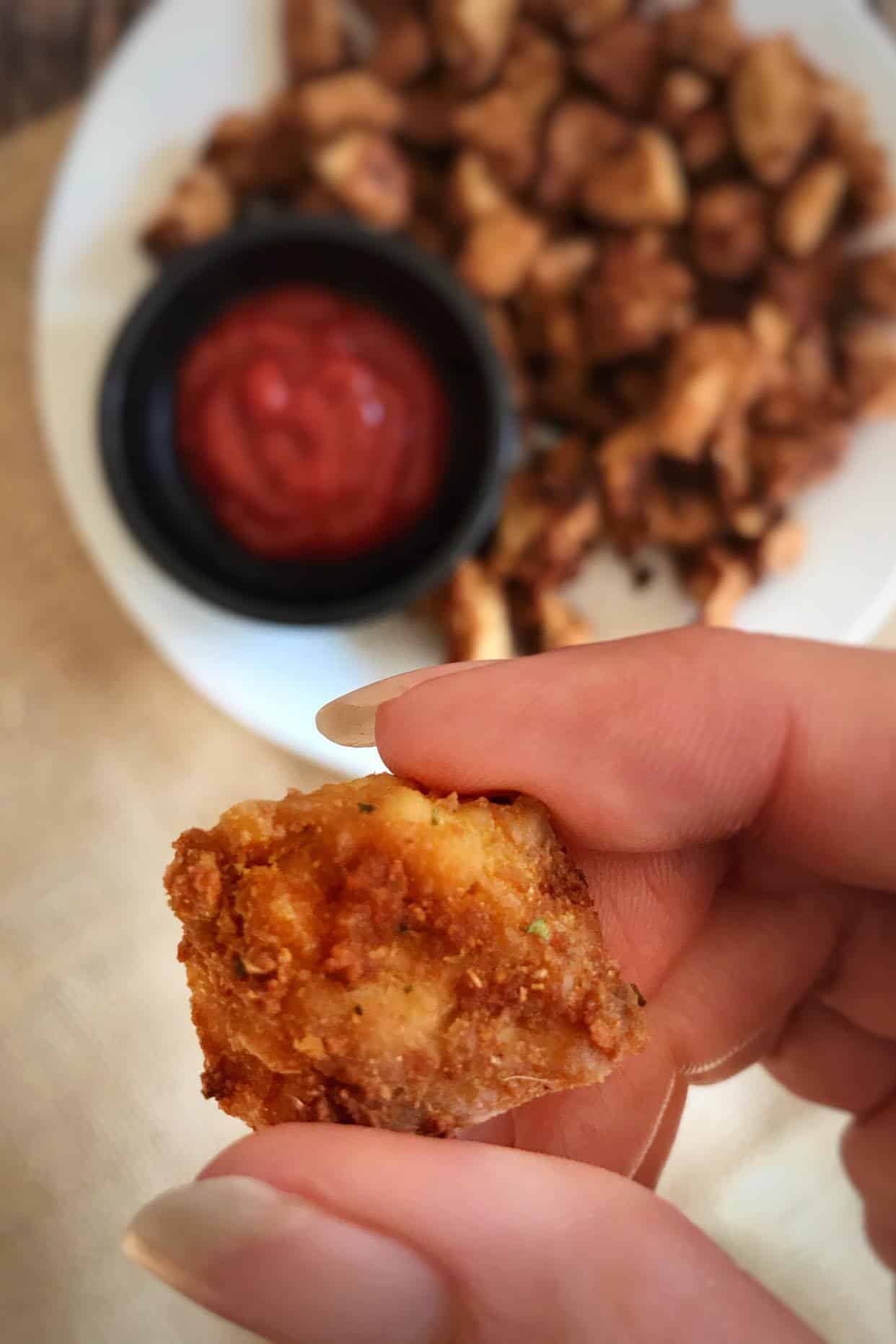 Closeup of a tofu nugget.