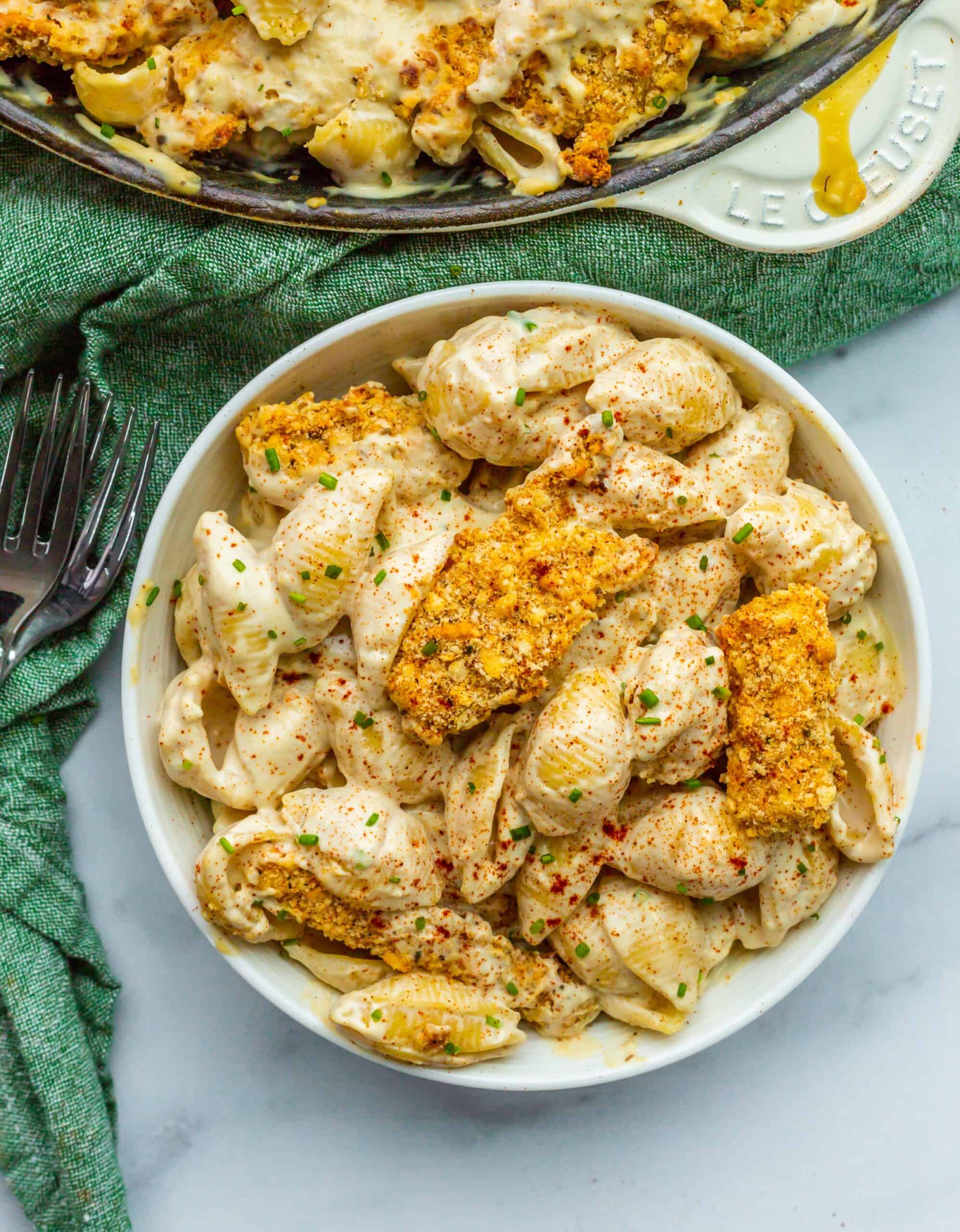 Vegan lobster mac and cheese in a bowl.