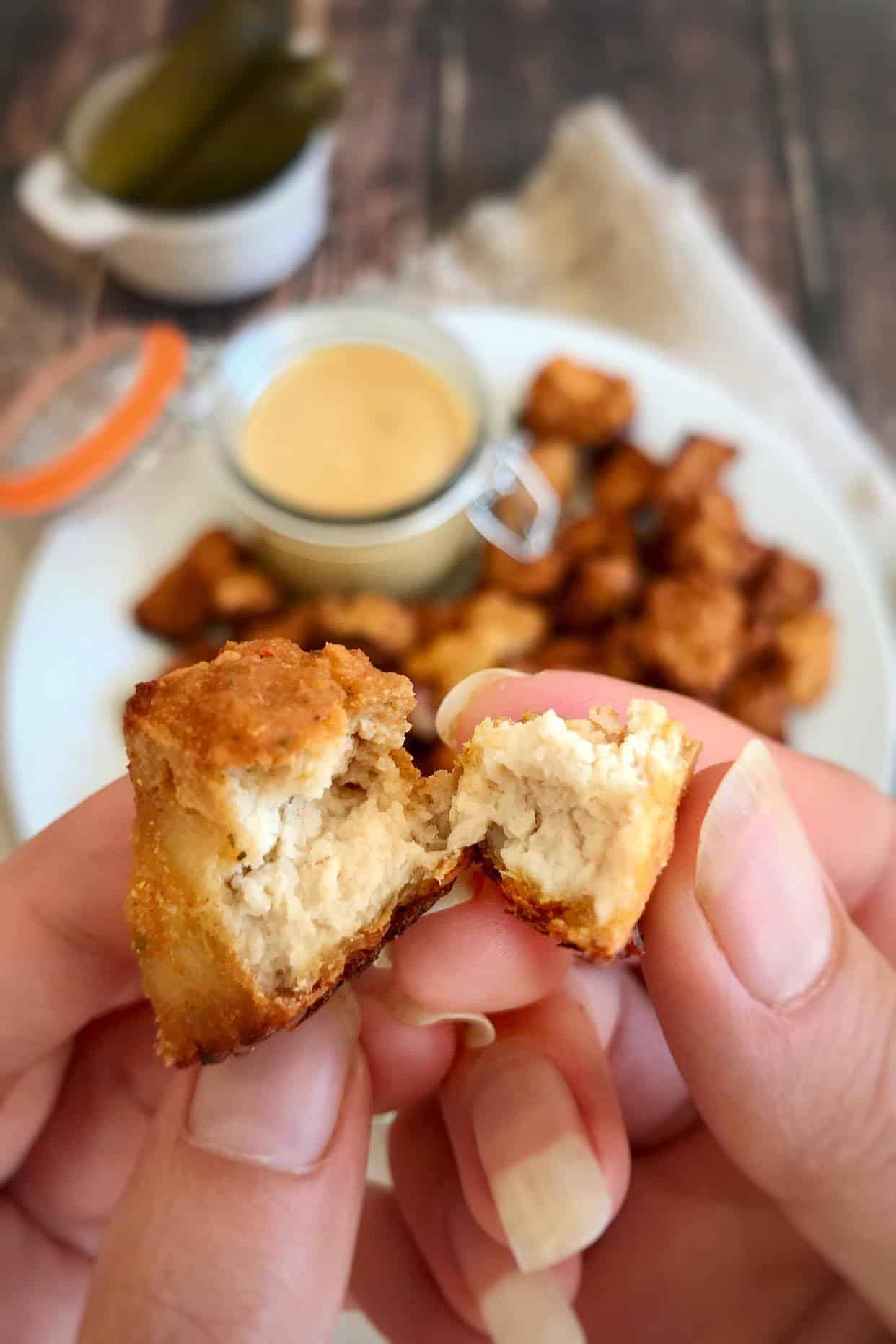 Vegan ChickfilA style Tofu Nuggets with Vegan Honey Mustard Sauce