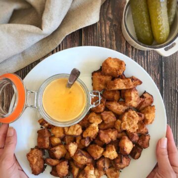 Chick-fil-A style tofu nuggets with vegan honey mustard dipping sauce
