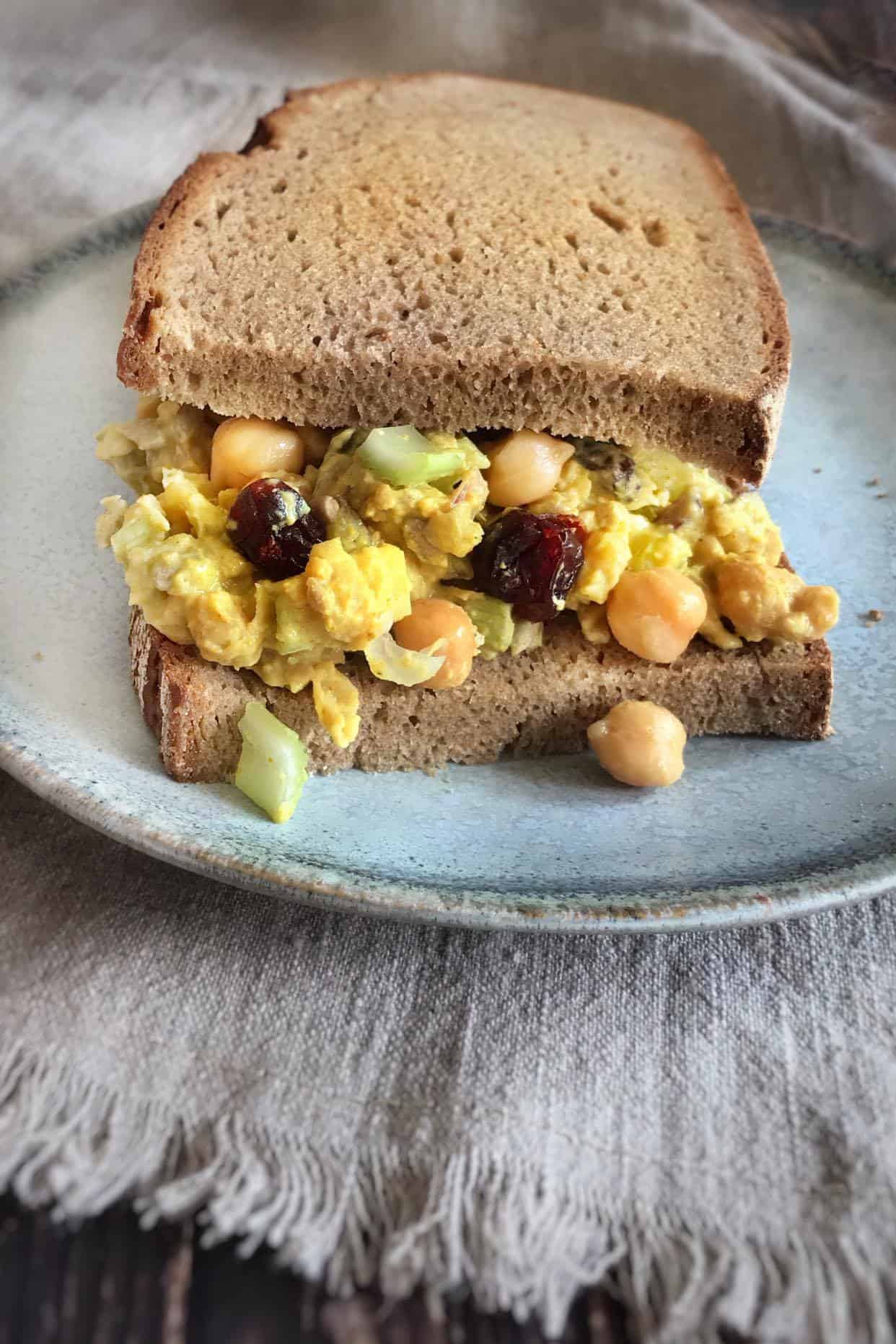 Closeup of chickpea salad sandwich.