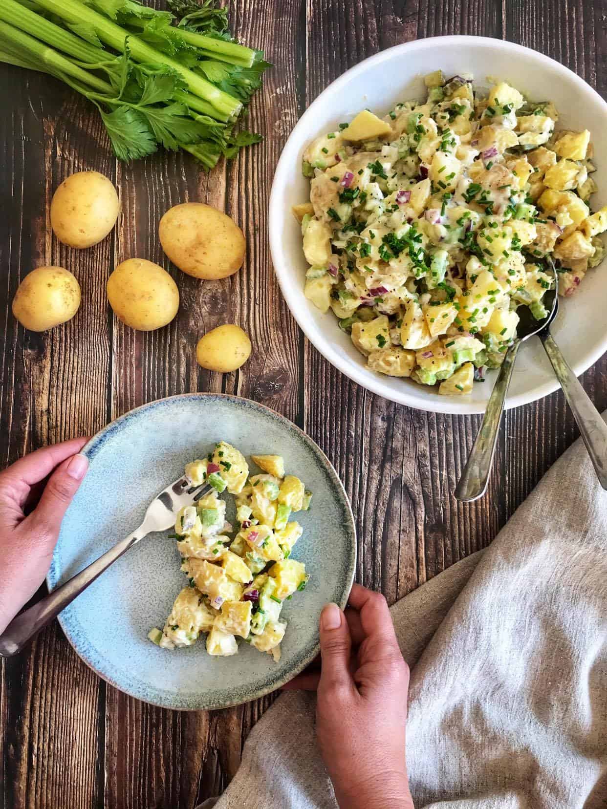 Vegan potato salad on a plate.