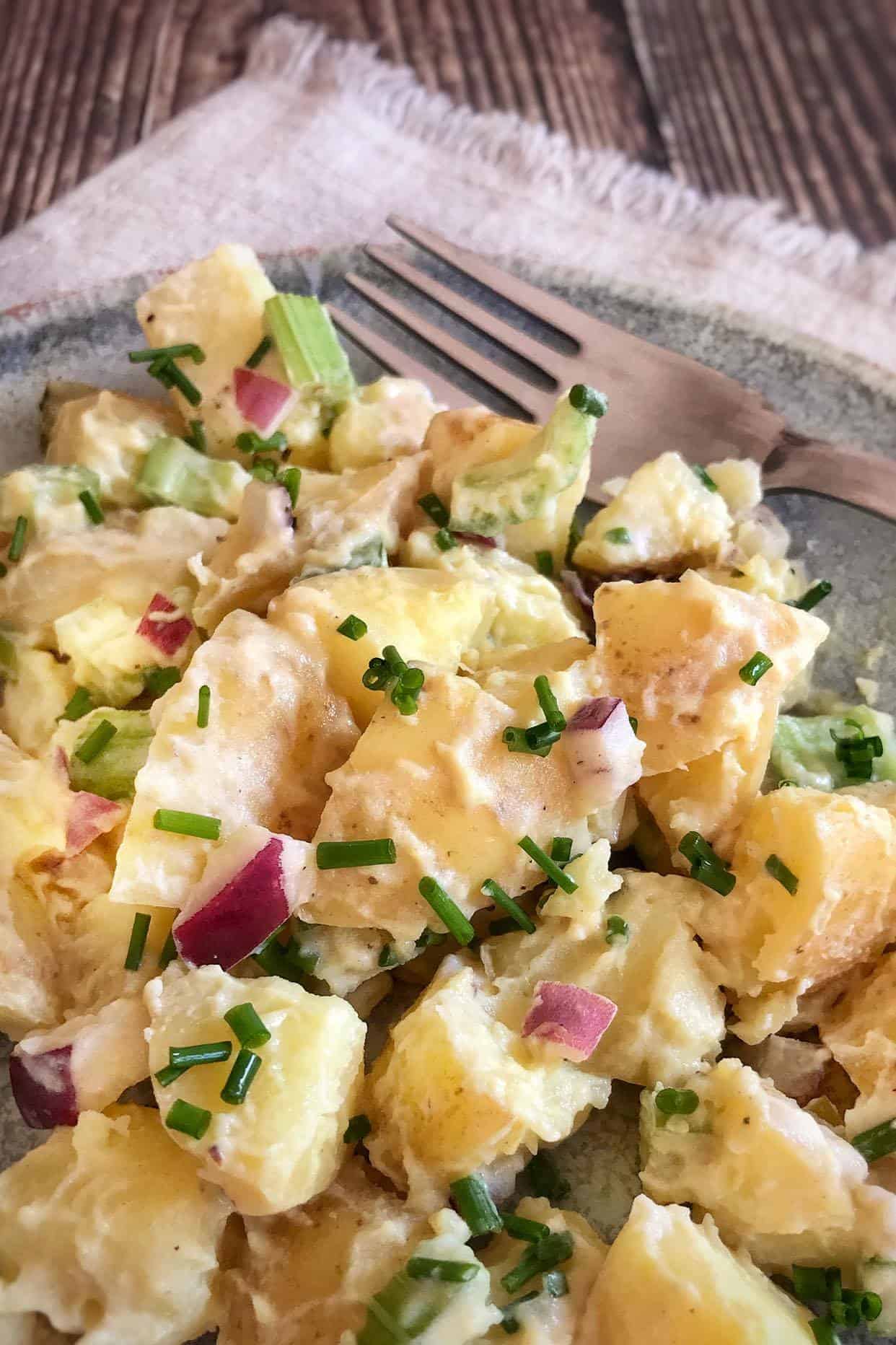 Vegan potato salad on a plate.