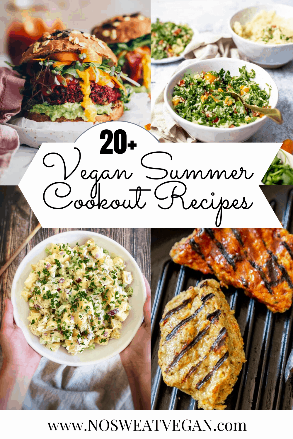 Photo collage of vegan grill party recipes: burgers, salad, potato salad, and seitan chicken.