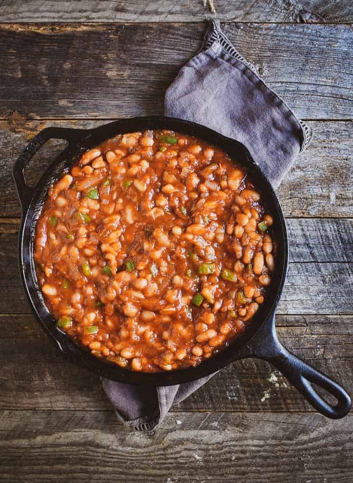 Baked beans in a skillet.