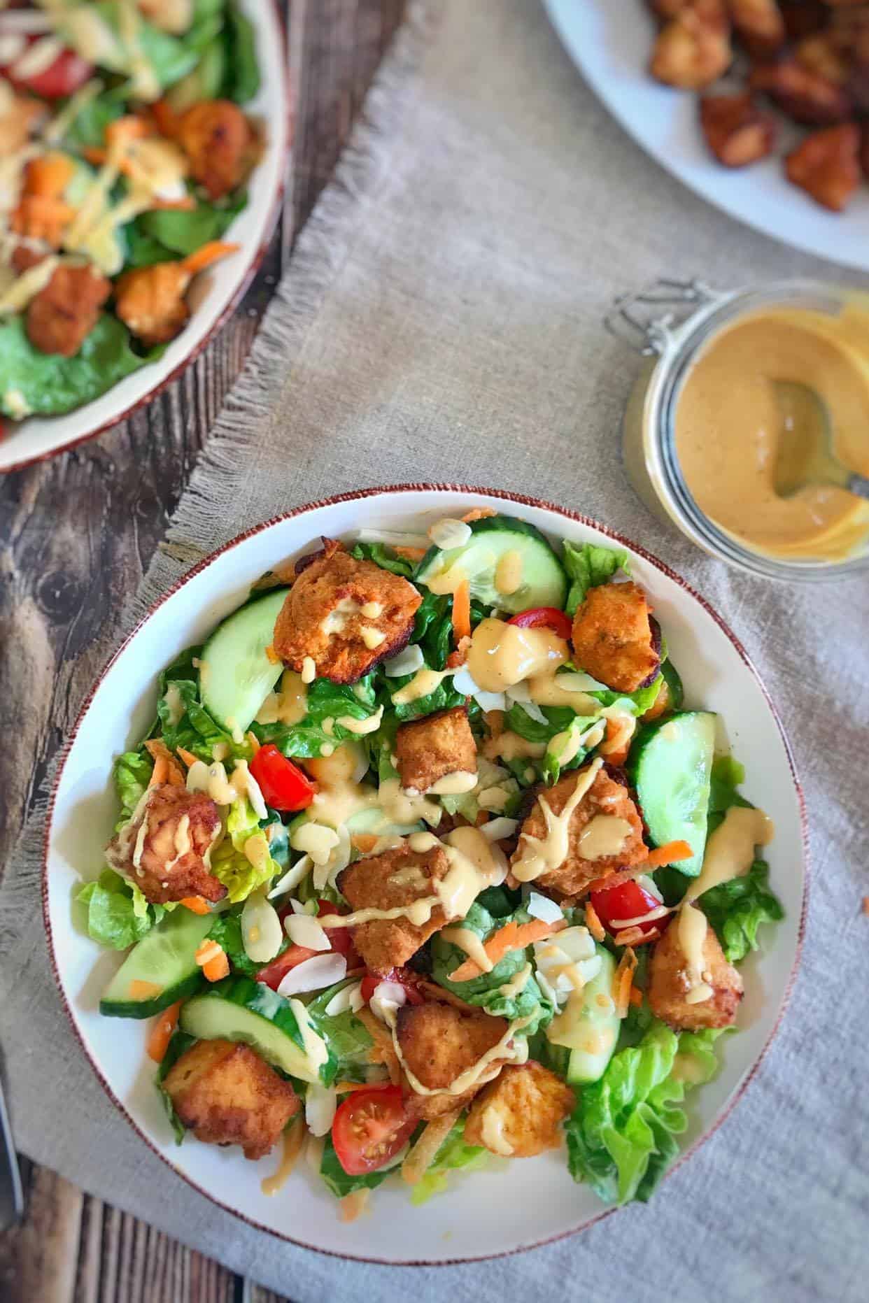 Hearty Country Salad with Tofu Nuggets & Vegan Honey Mustard Dressing