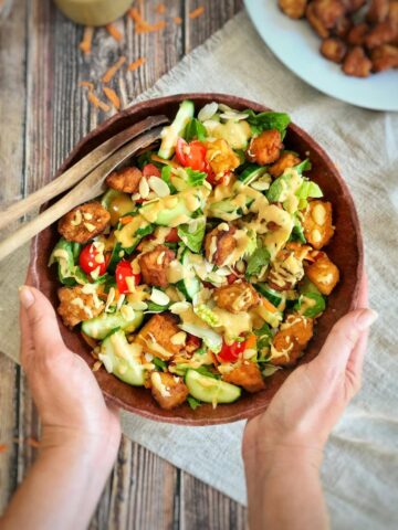 Hearty Country Salad with Tofu Nuggets & Vegan Honey Mustard Dressing