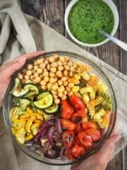 Vegan Pesto Pasta Salad with Roasted Veggies and Chickpeas (Oil-Free!)