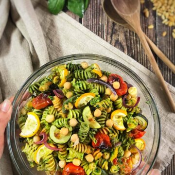 Vegan Pesto Pasta Salad with Roasted Veggies and Chickpeas (Oil-Free!)