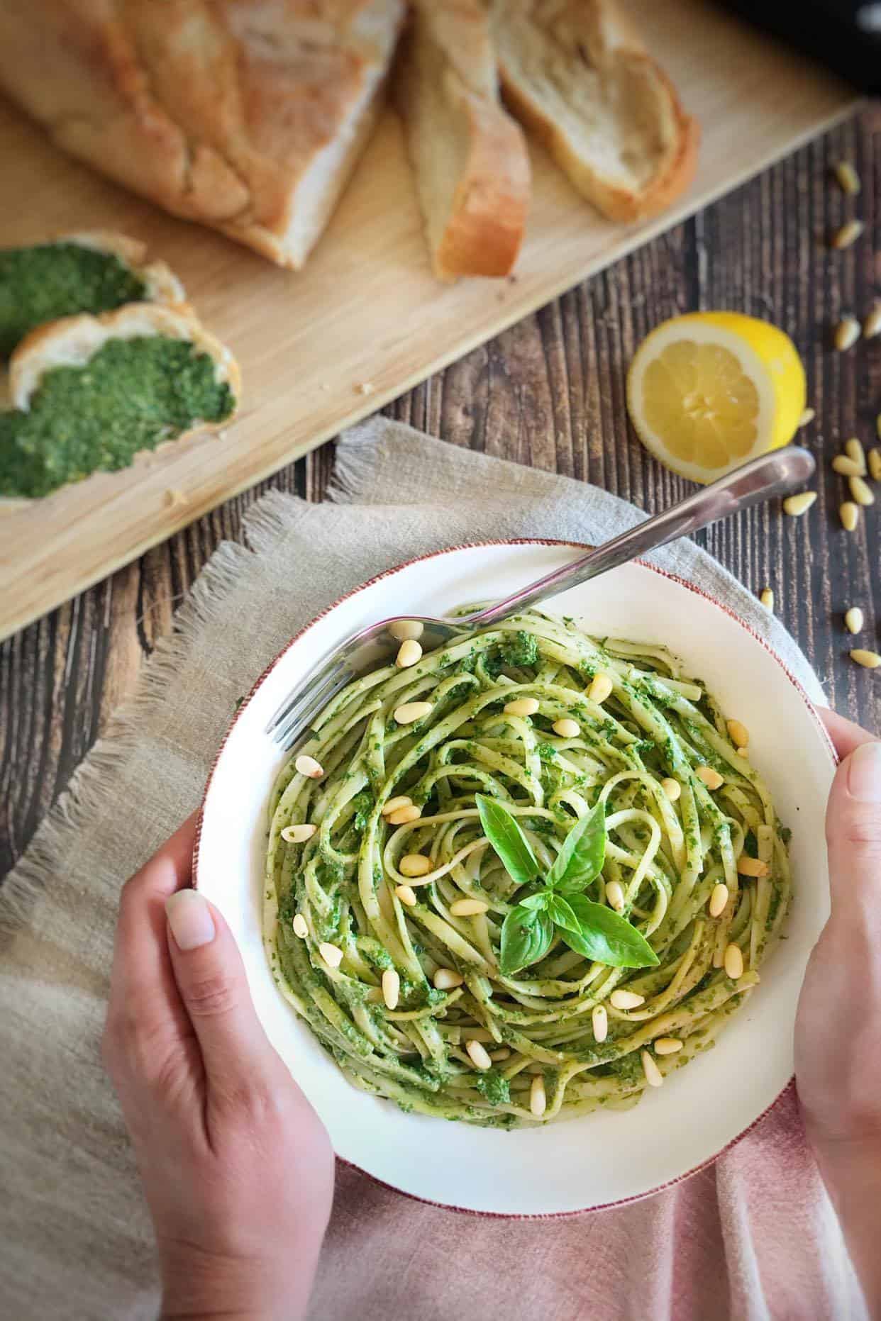 Low fat vegan basil pesto on linguine.