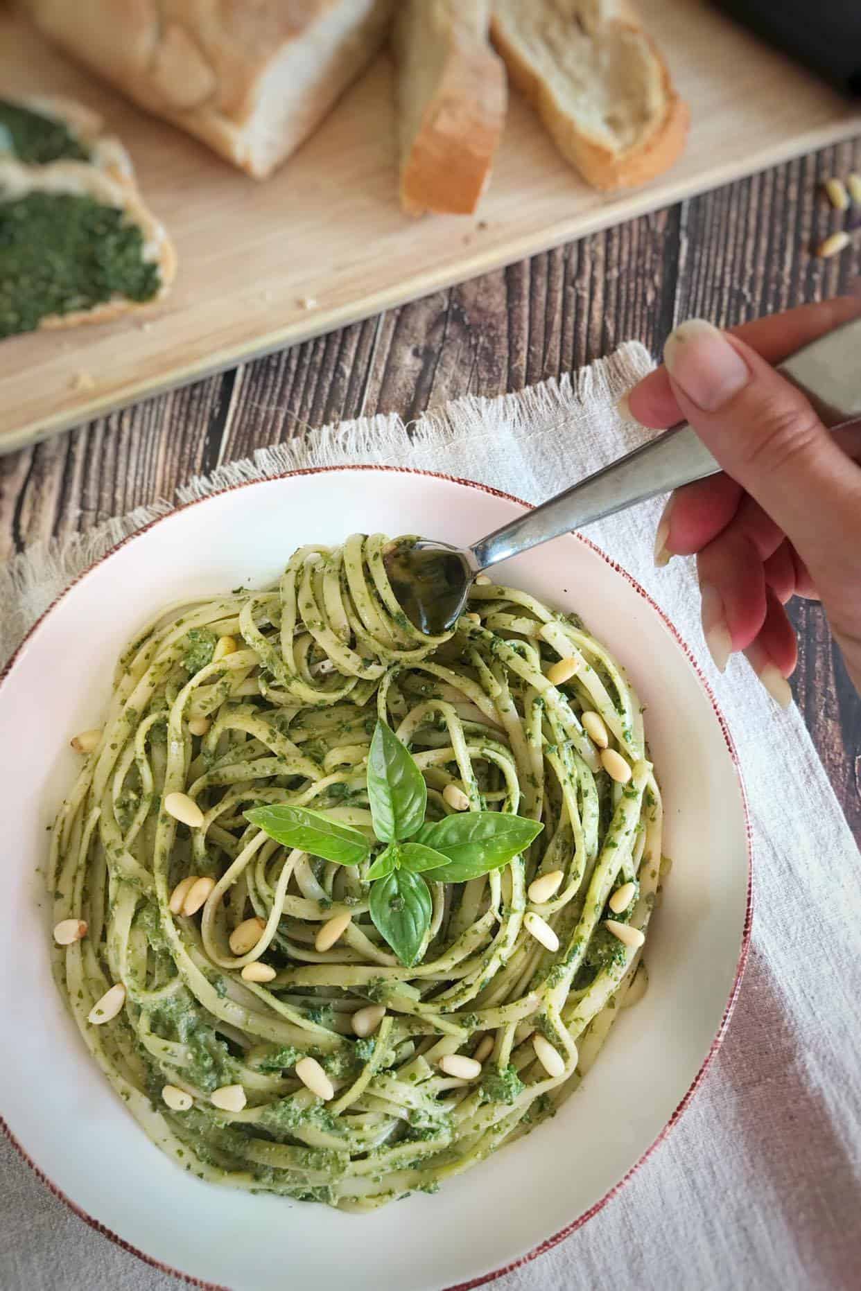 Vegan pesto pasta in a bowl.