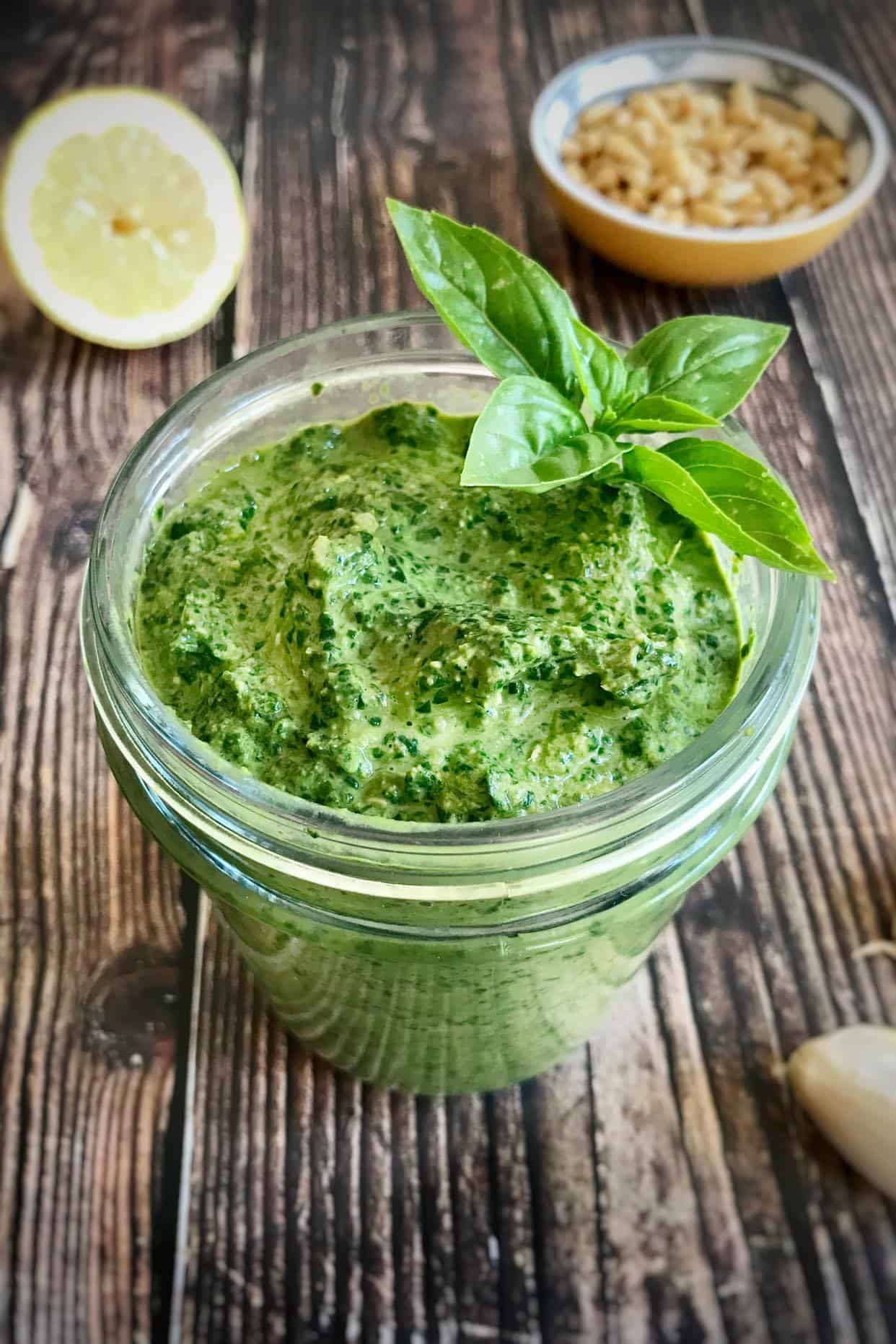 Jar of homemade vegan oil-free pesto.