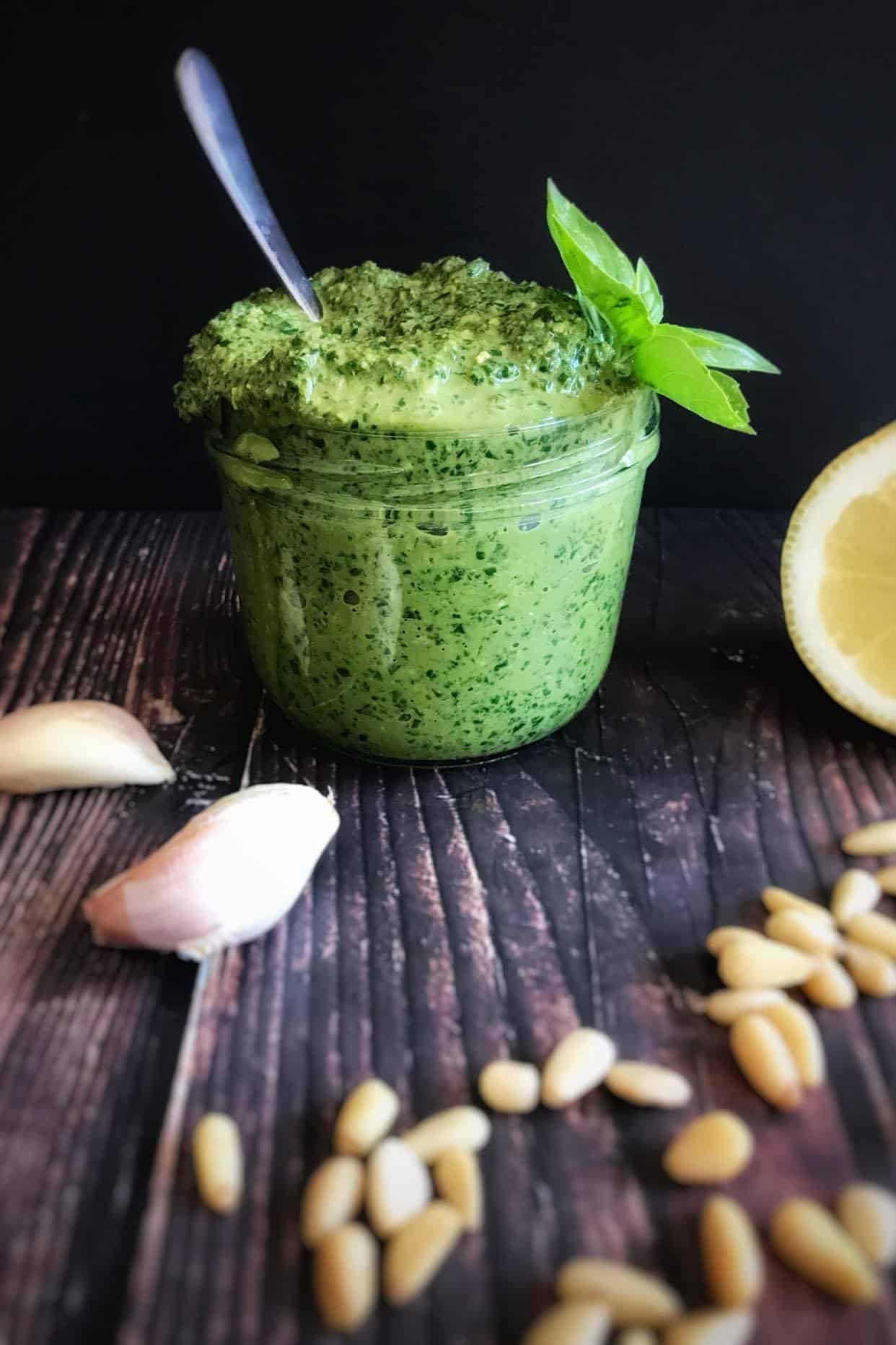 Vegan pesto in a jar.