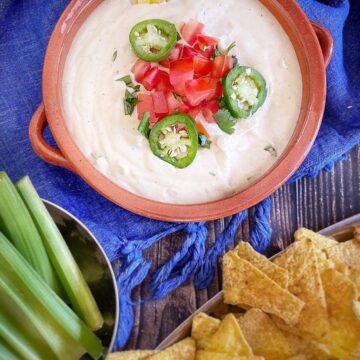 Vegan cashew queso in a bowl.