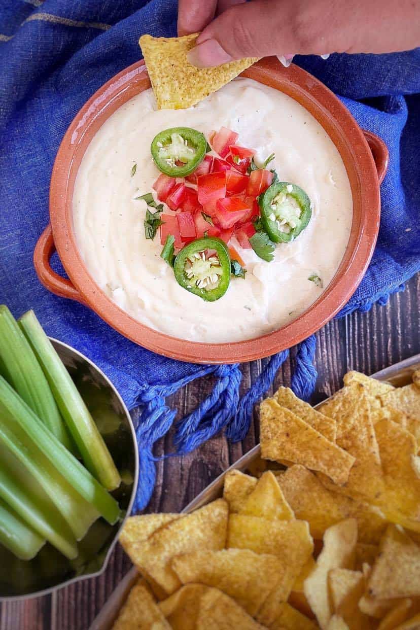 Vegan cashew queso in a bowl.