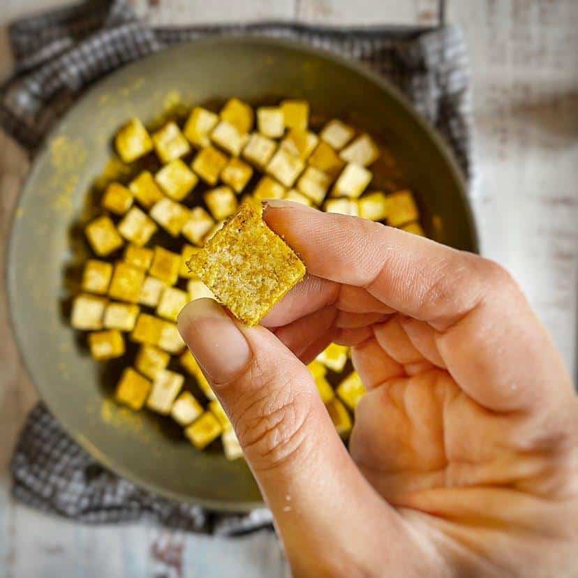 Tofu cubes for vegan Thai Curry.