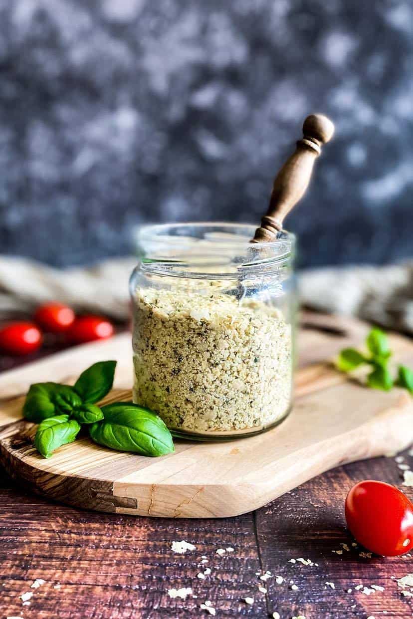 Vegan parmesan in a jar.