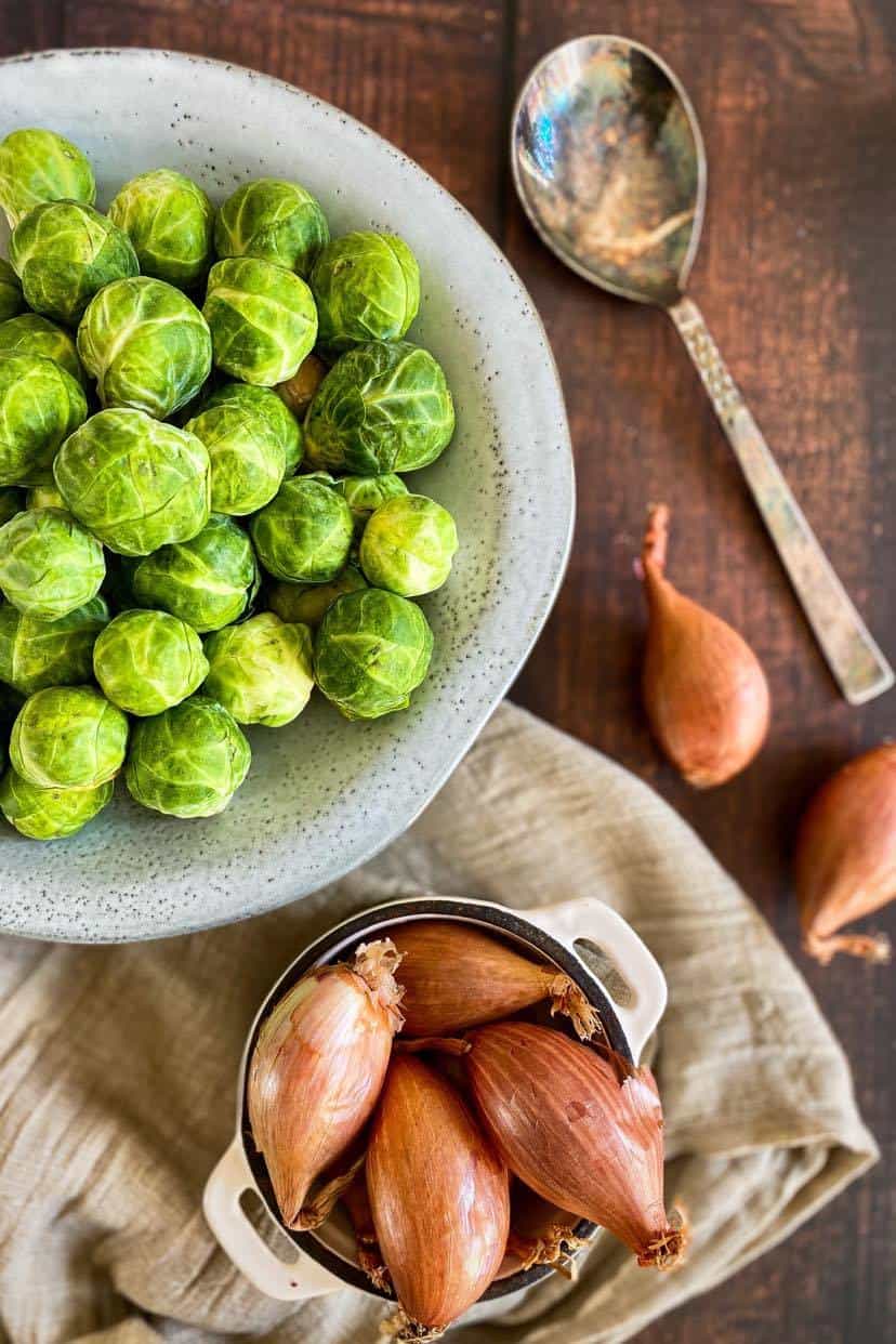 Ingredients for maple balsamic roasted Brussels sprouts.