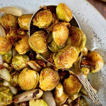 Maple balsamic roasted Brussels sprouts in a bowl.