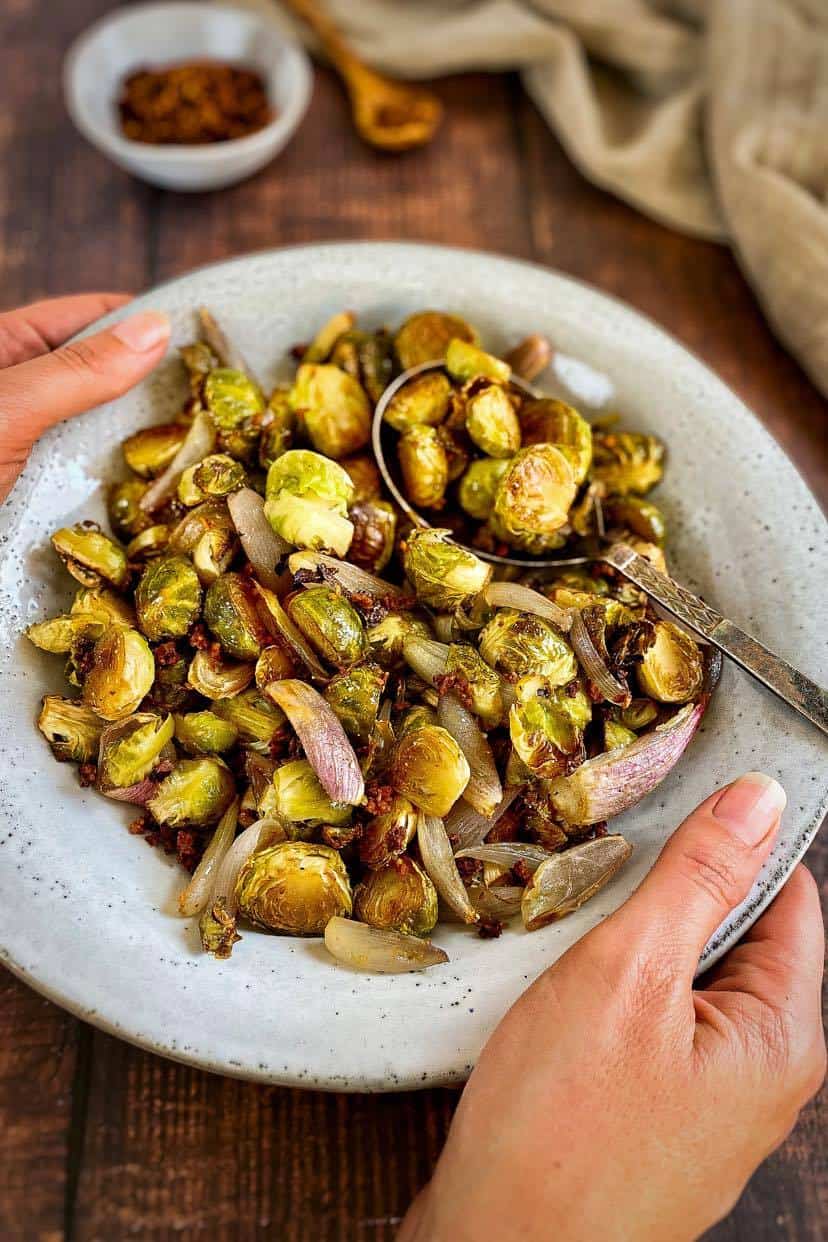 Maple balsamic roasted Brussels sprouts in a bowl.