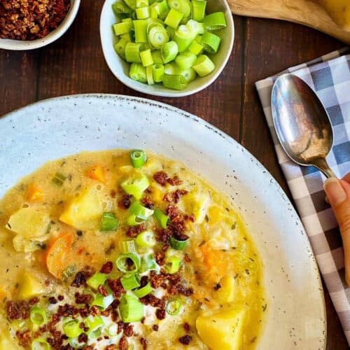 Vegan potato soup in a bowl.