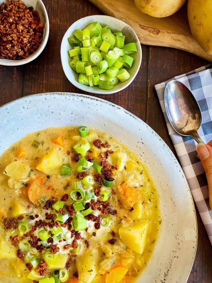 Vegan potato soup in a bowl.