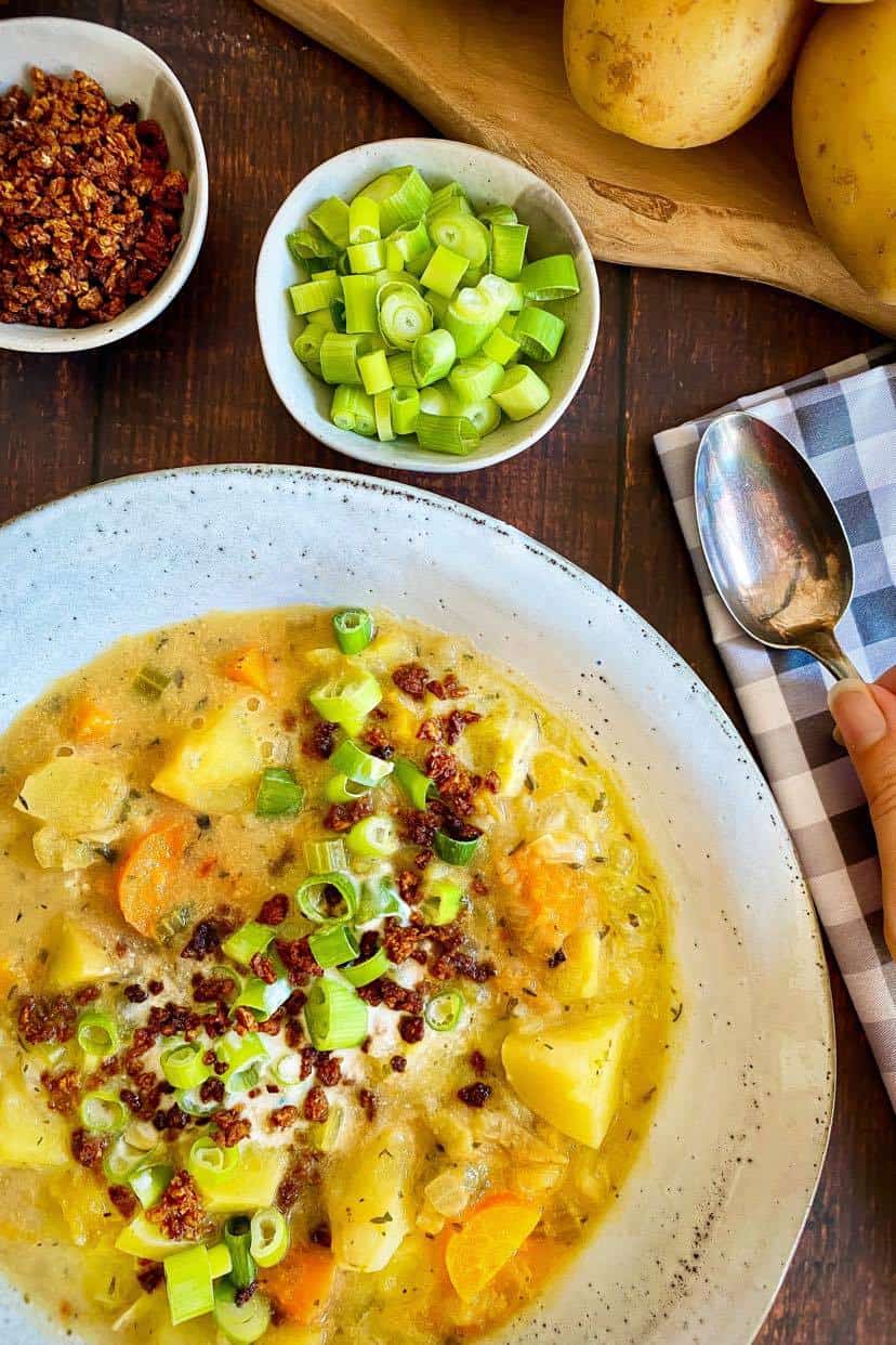 Vegan potato soup in a bowl.