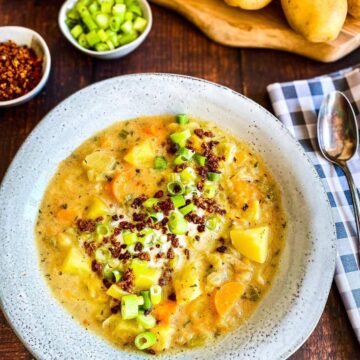 Vegan potato soup in a bowl.