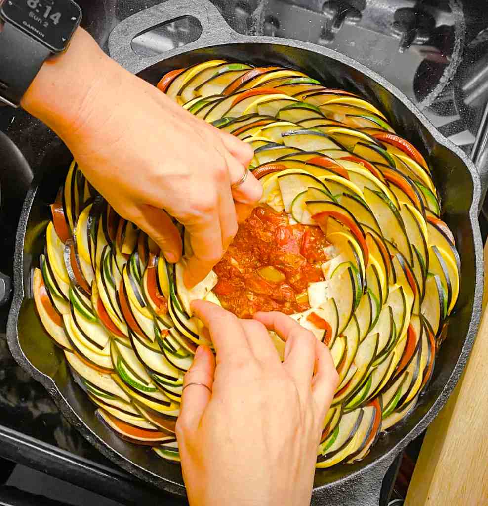 Ratatouille in a cast iron skillet.