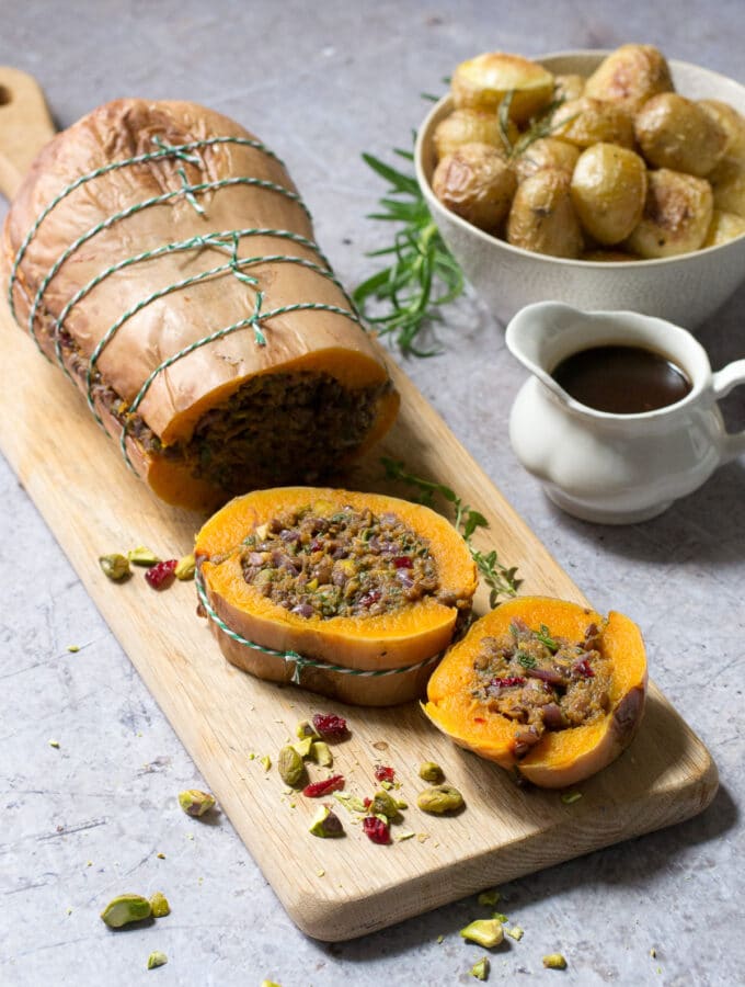 Butternut squash roast on a cutting board.