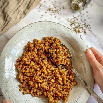 Vegan Italian sausage crumbles in a bowl.