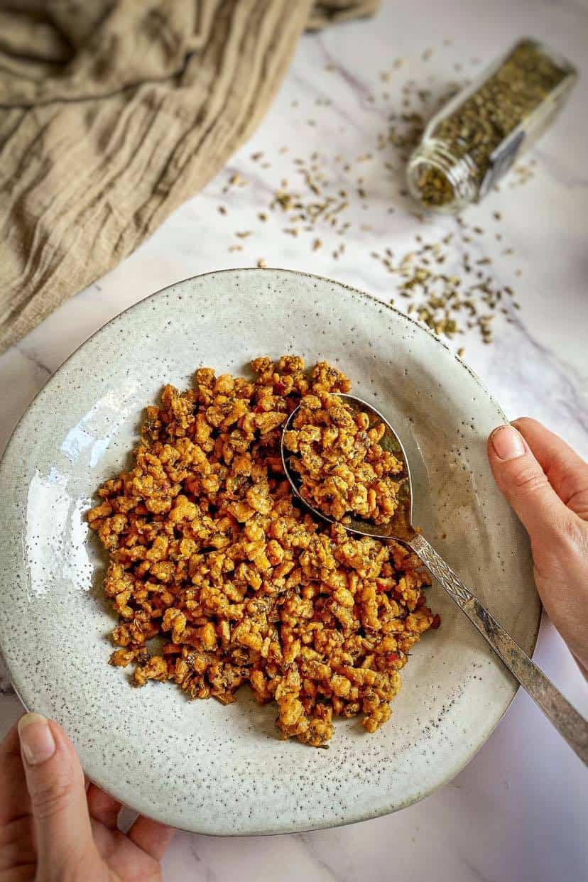 Vegan Italian sausage crumbles in a bowl.