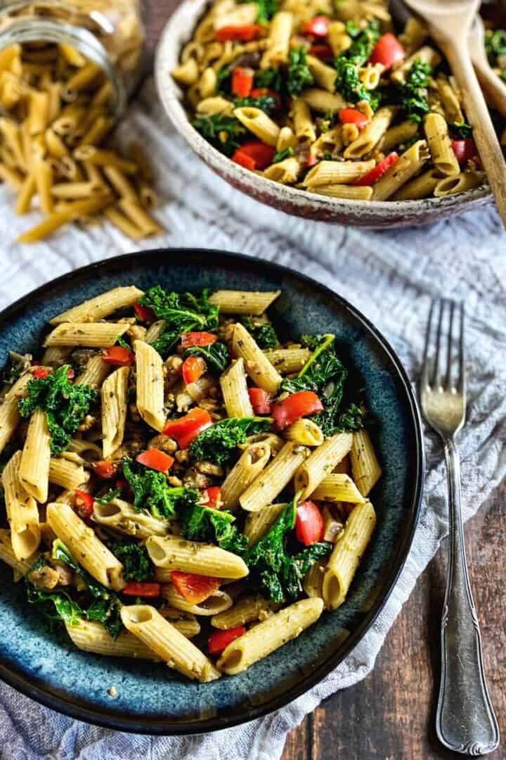 Penne Pasta with Kale & Vegan Italian Sausage No Sweat Vegan