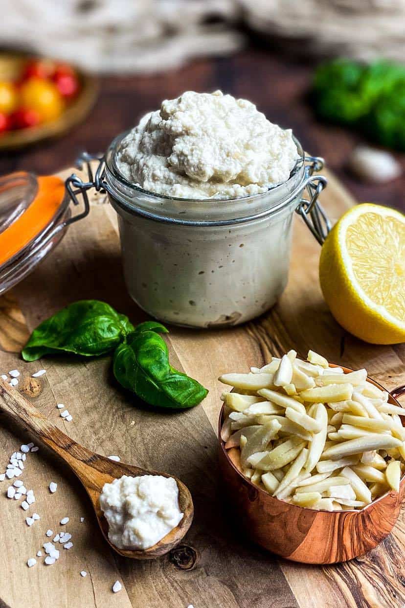 Almond ricotta cheese in a jar.