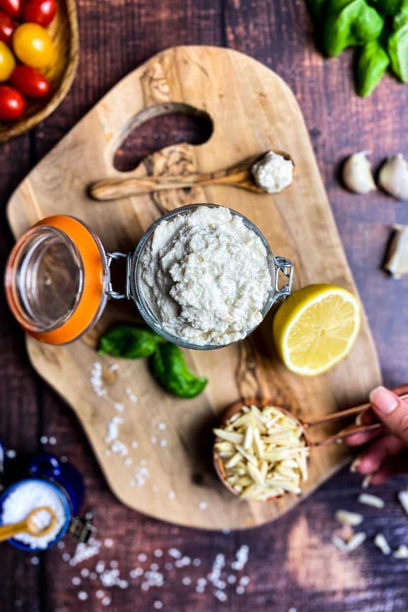 Almond ricotta cheese in a jar.