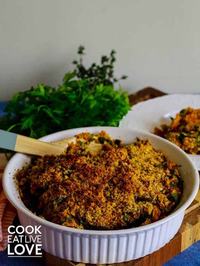 Vegan sweet potato gratin in a bowl.