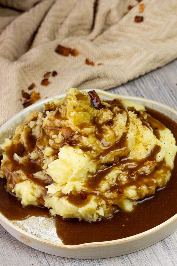 Vegan gravy on top of mashed potatoes.